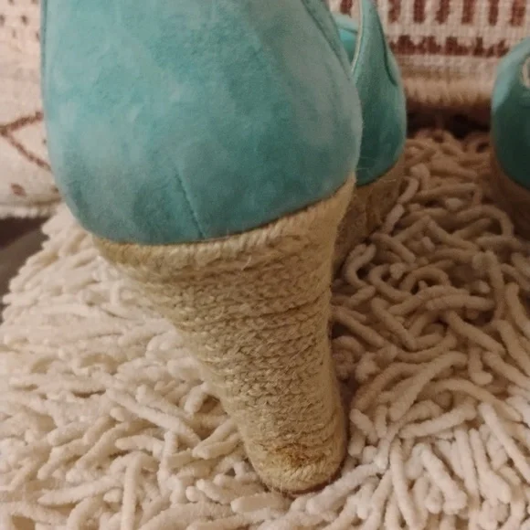 Trina Turk Turquoise Suede Leather Lace up Ankle Wrap Wedge Sandals - Picture 6 of 12